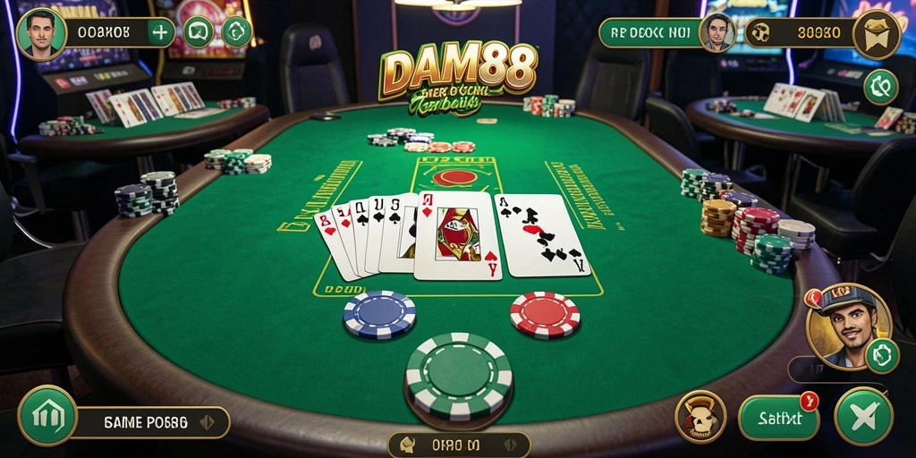 Tangkapan layar gameplay <strong>DAM88</strong> yang menunjukkan aksi kartu poker.
