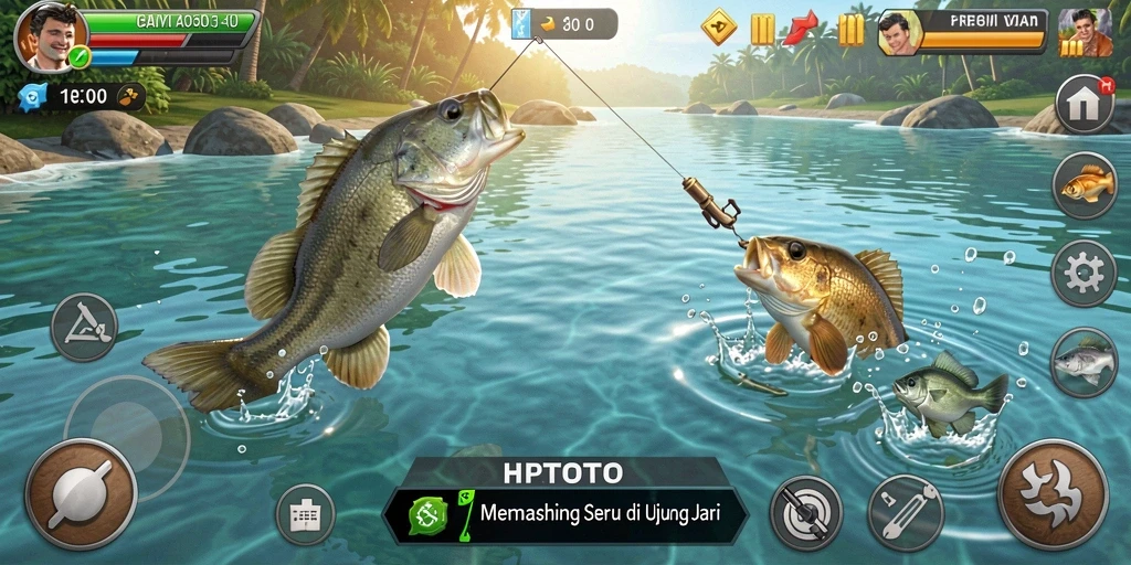 Tampilan gameplay HPTOTO dengan berbagai ikan dan perairan.