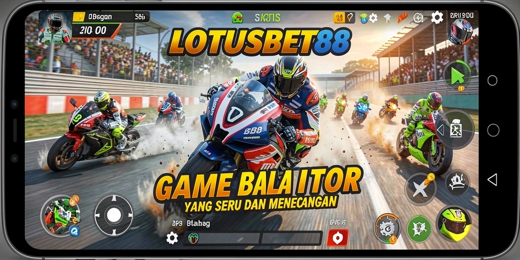 Screenshot menunjukkan aksi balapan mendebarkan di LOTUSBET88 dengan motor cepat.